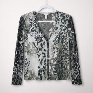 Chicos Black Gray Animal Print Sequin Cardigan 1/M Office Parisian‎ Glam Baddie